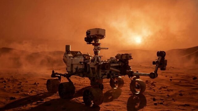 Robotic rover driving across a dusty red planet landscape beneath a glowing sun and drifting sand haze