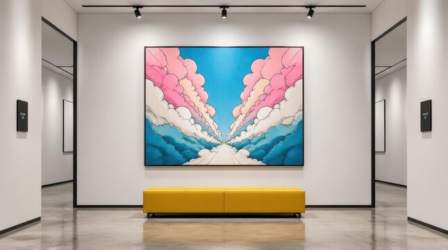 Large framed artwork featuring symmetrical cotton candy clouds hanging in a modern gallery space, vibrant pink and blue geometric formations create a cinematic perspective for contemporary interiors.