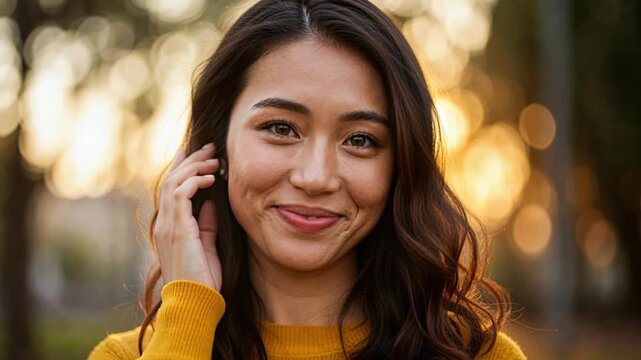 Radiant Beauty in the Sunlight: A young woman, adorned in casual attire, smiles genuinely at the camera, her face lit by natural sunlight, with a soft.