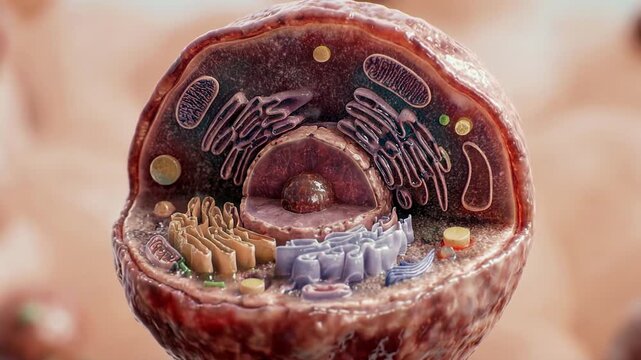 Cross section of an animal cell opening to reveal shifting organelles in a biological anatomy visualization