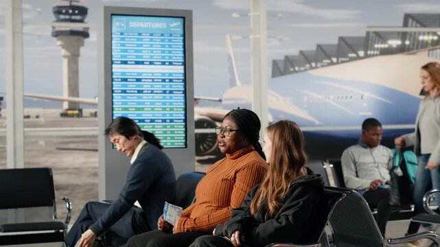 Multiethnic travelers walking in busy airport, looking at FIDS schedule display. Diverse tourists reading departure board timetable display while navigating past it in transit hub