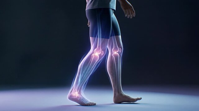 Human leg walking with glowing knee joint and transparent bones in medical motion anatomy visualization