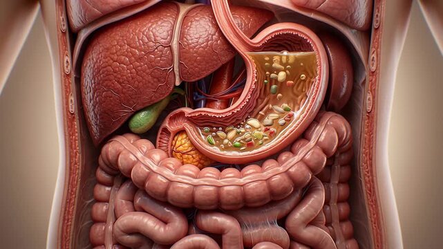 Cross section of human digestive system showing food moving and breaking down inside the stomach cavity