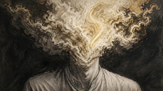 An intricate, cinematic illustration of a man with his head dissolving into swirling golden smoke, capturing a surreal and thought provoking transformation in a wide format artistic composition.