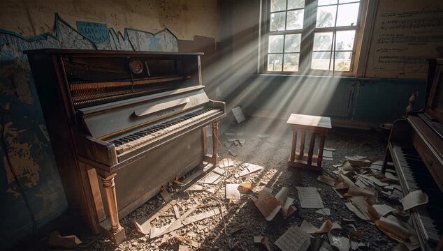 崩れかけの廃校音楽室、調律の狂ったピアノと裂ける光を大胆に描く
