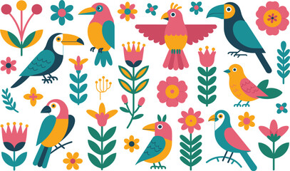 Fototapeta premium Set of colorful exotic birds and tropical flowers, flat vector illustration for nature pattern design
