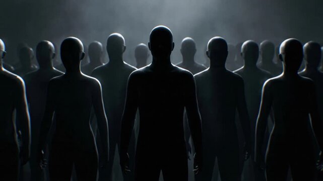 Silhouetted human figure moving through a dark foggy chamber with backlight and shadowed forms behind