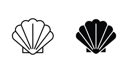 Seashell icon set featuring nautilus or fan shell silhouette and outline design for ocean and beach vacation themes in professional vector style for travel and marine environmental projects © Lumina