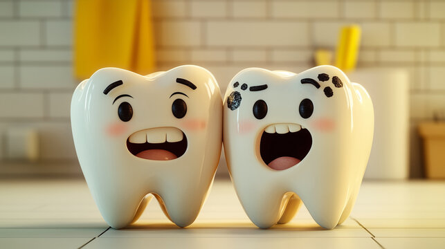 Two cartoon teeth, one healthy and one with caries, the concept of dentistry and oral hygiene, dental care, disease prevention.