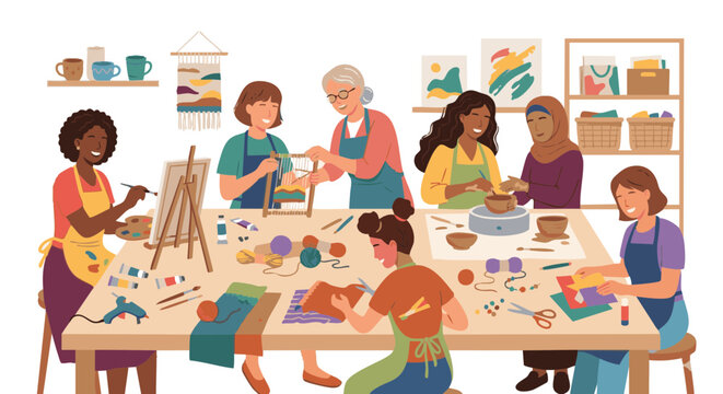 Diverse group of women crafting together in a creative studio  
