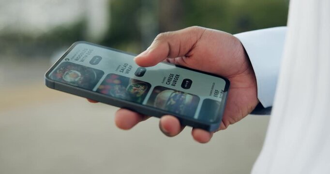 Phone screen, scroll and menu with hands in city for food delivery, ecommerce and search. Online shopping, reputation rating and lunch choice with person and mobile app outdoor for takeaway catalog