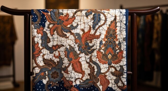 Traditional Indonesian Batik Fabric with Intricate Floral and Bird Motifs.