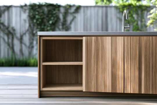 Outdoor kitchen wooden cabinet sink.