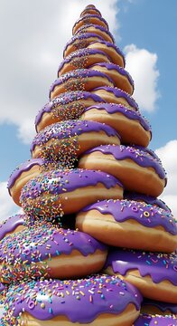 Tower of Purple Glazed Donuts with Sprinkles Against a Blue Sky.