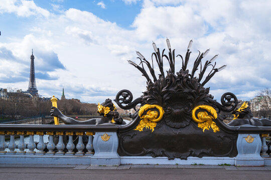 Monumental landmark ornament on the Pont d'I&eacute;na over the Seine River in Paris, France
