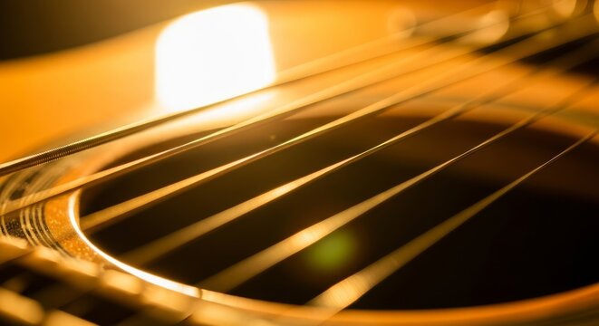 Artistic close up of acoustic guitar strings glowing in warm golden light with soft bokeh textures and motion blur creating a dreamy mood, acoustic, flare, fretboard