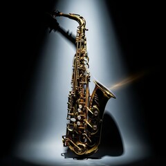 Obraz premium Artistic view of a brass saxophone under a single spotlight with vertical motion blur, featuring cinematic shadows and soft glowing edges, mood, motion blur, contrast