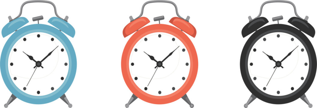 Set of three colorful alarm clocks in blue red and black on white background