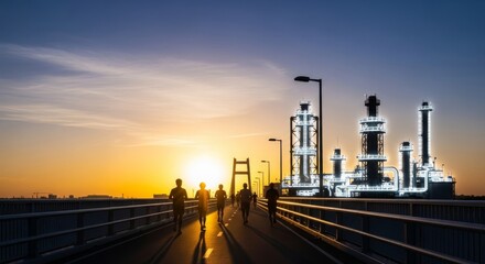 Obraz premium Back view of silhouettes jogging along a bridge path under a golden sunset sky with soft light rays and glowing industrial architecture, perspective, lifestyle, evening