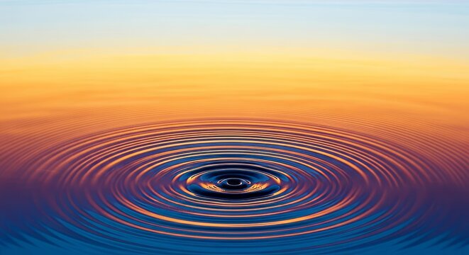 Beautiful view of concentric ripples expanding across a calm water surface, creating a perfect, harmonious circular liquid pattern effect, clean, motion, hydration