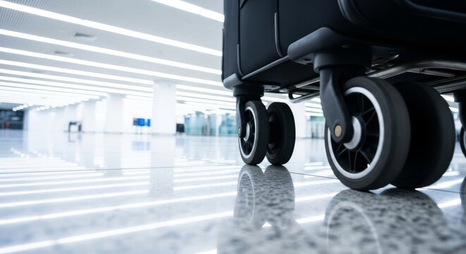 Blurred movement of luggage wheels across glossy terminal floors under bright white lights, capturing the frantic energy of air travel, reflection, pace, glass
