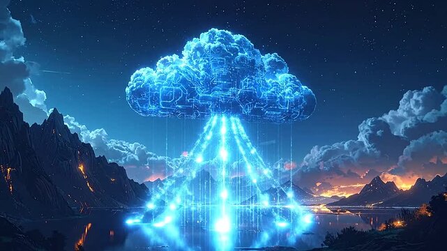A glowing digital cloud hovers over a serene landscape at night, with data streams descending