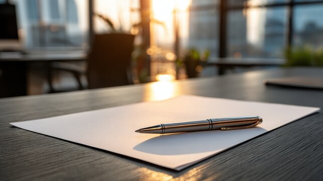 Stylish modern office workspace with blank paper and pen during sunset