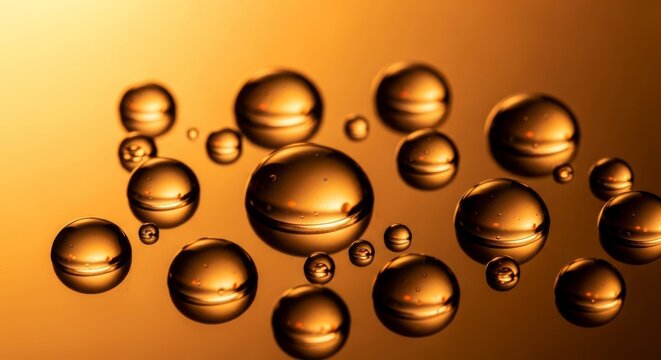Close up macro photography of clear water droplets resting on a smooth surface with warm golden lighting and shimmering amber reflections, light, bead, dew