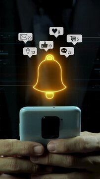 Notification, alert bell, alarm bell, reminder, social media concept. Glowing neon line animated yellow bell ringing icon for application notification alert isolated on virtual screen.