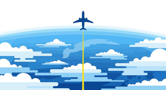 Airplane flying through blue sky clouds.
