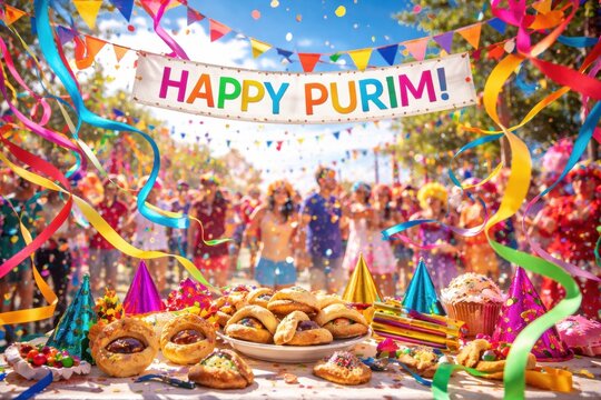 Celebration of Purim features a table with treats like hamantaschen, colorful streamers, and a crowd enjoying festivities under bright decorations.