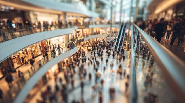 Abstract blurred photo of many people shopping inside department store or modern  shopping mall. Urban lifestyle and black Friday shopping, motion, speed, blurred, group, city, modern