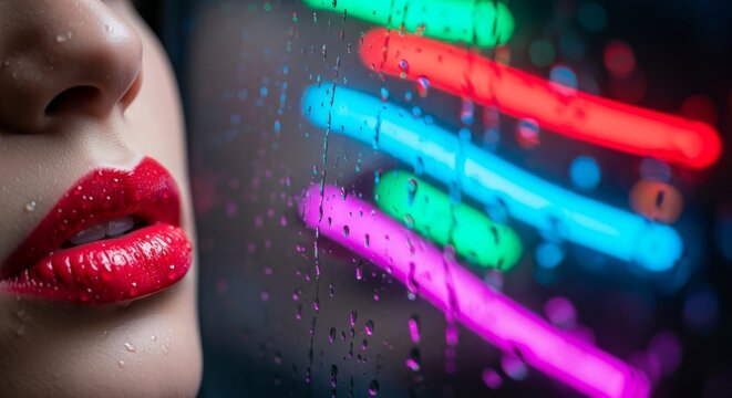 Close up of vibrant red lips near a train window showing passing neon lights, capturing colorful reflections and a night urban atmosphere, glow, speed, colorful