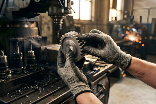 Authentic photograph entrepreneur hands inspecting 3D printed titanium gear industrial workshop.