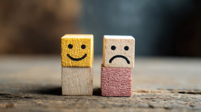 Mental health and emotional state, Smile face in bright side and sad face in dark side on wooden block cube for positive mindset selection, expression, mask, bipolar, generate by AI