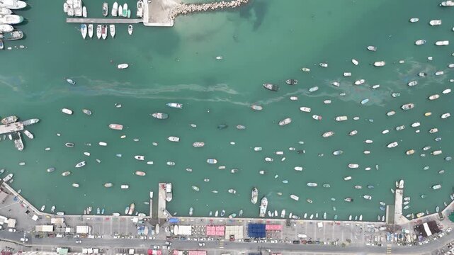 Aerial top down view of fishing boats in Malta