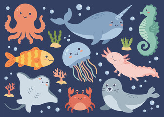 Cute vector sea animals collection on dark blue background © Nadiia Lehkobyt