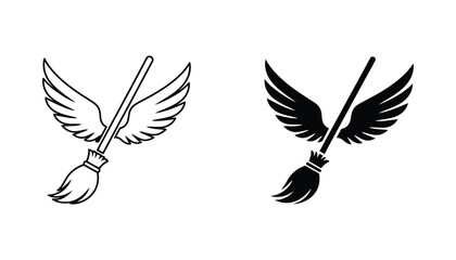Flying broomstick icon set with magic witch broom outline and solid black silhouette for fantasy and halloween themed design projects © Meghna