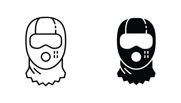 Winter balaclava mask icon set featuring outline and solid glyph design for extreme sports security and cold weather equipment branding
