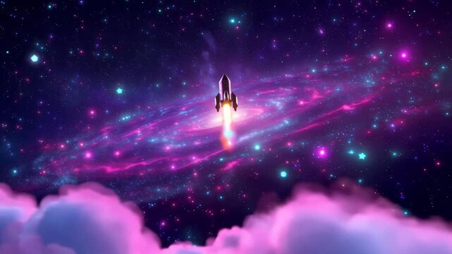 Futuristic Rocket Launching into Colorful Galaxy Space