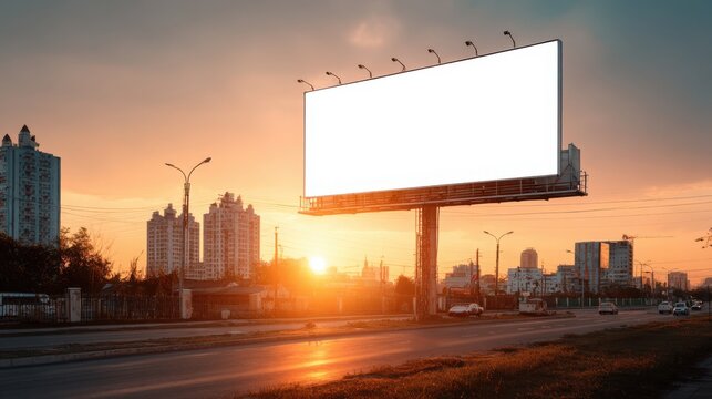Large Empty Roadside Billboard in Urban Cityscape During Sunset