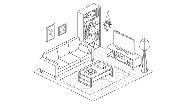 Isometric line drawing of a modern living room interior with sofa, TV, coffee table, and bookshelf.