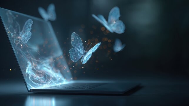 Holographic Butterflies Flying Out of a Laptop Screen Technology Concept