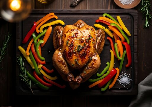 Roasted chicken with colorful peppers on baking sheet