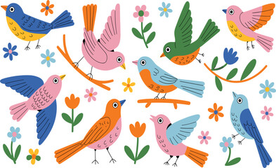 Obraz premium Set of colorful stylized birds, with small flowers and leafy branches for spring nature design