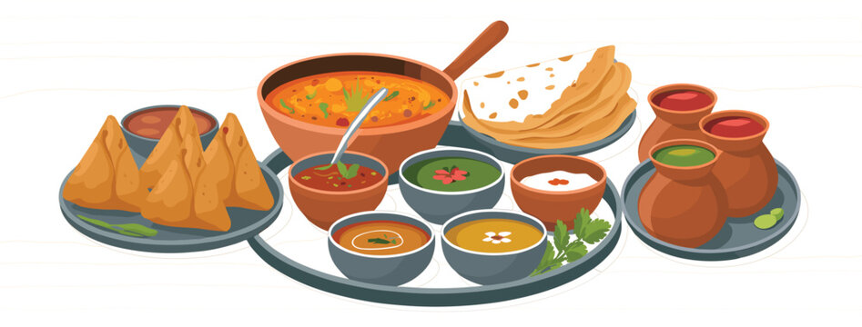 Assorted Indian thali set, includes samosas, dal curry, bowls of dips and flatbread on platter