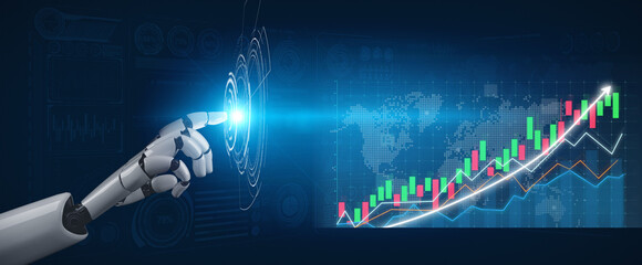 High-tech robotic hand engaging with evolving financial data visualizations on a digital screen,...