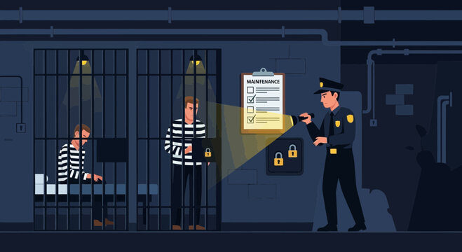Police officer and prisoners in jail.