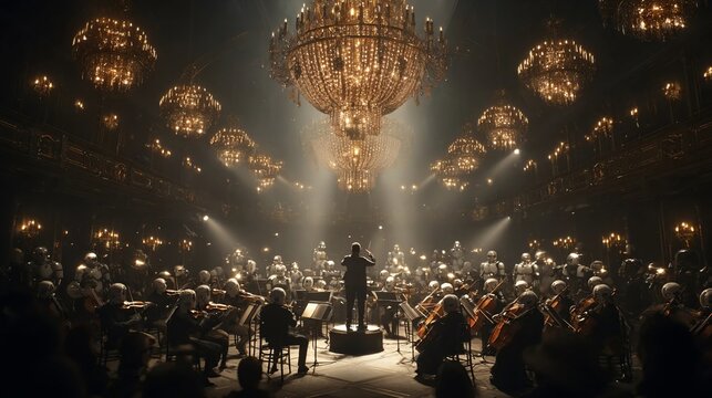 A conductor leads a robot orchestra playing string instruments under glowing golden chandeliers in a dark hall