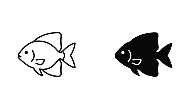 Small angelfish icon set in outline and solid black style for aquatic and pet shop branding design elements isolated on white background